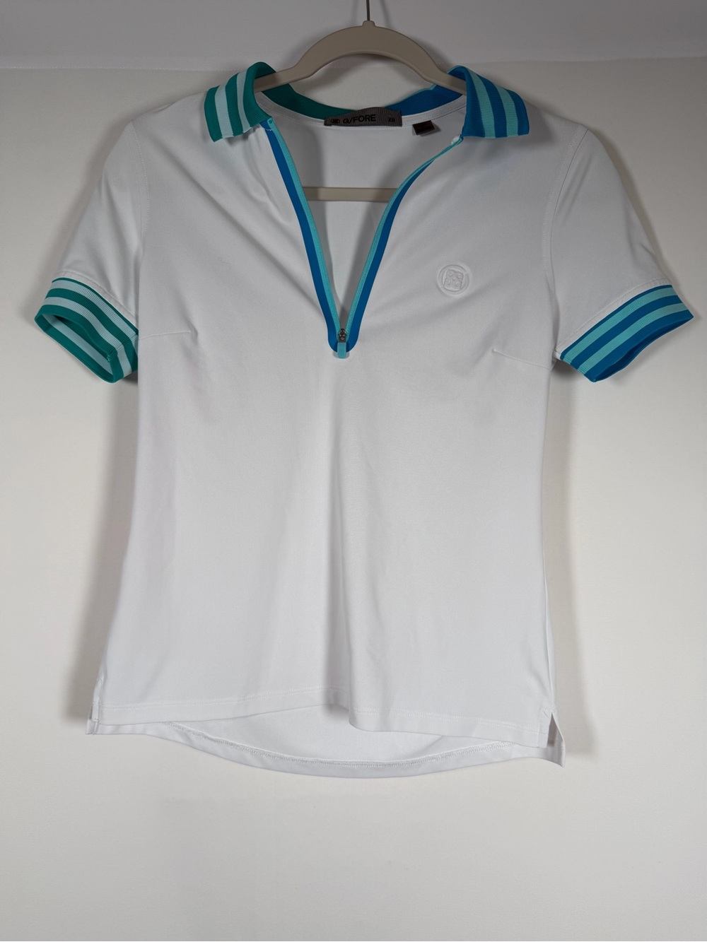 G/FORE White Polo Top with Teal & Aqua Trim Golf, Preppy, Tennis Prep